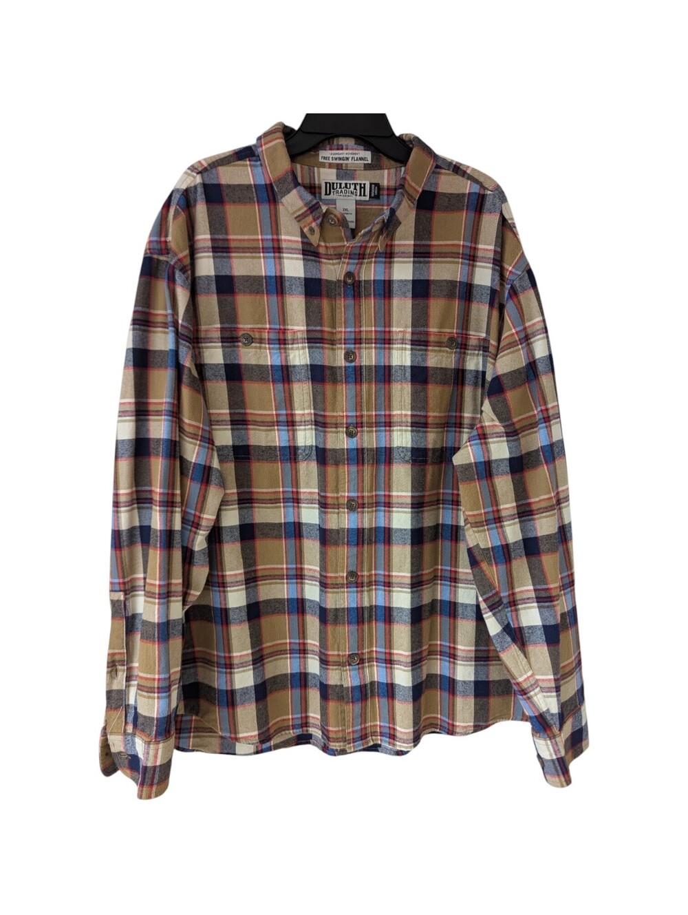 Duluth Trading Free Swingin Flannel Shirt 2XL Beige Navy Plaid Untucked 29x31.5